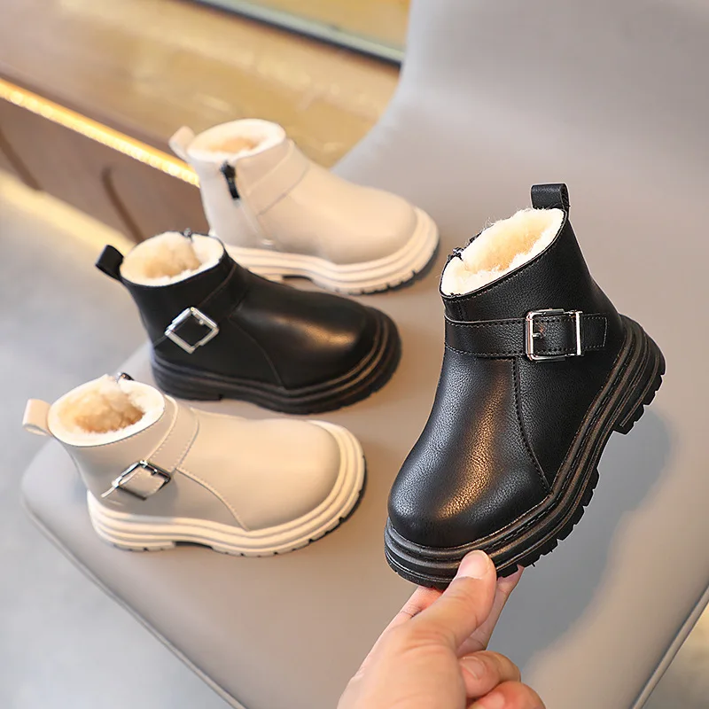 Autumn Winter Kids Leather Boots Warm Plush Girls Toddler Boots Fashion Leather Children Casual Shoes Girls Snow Boots for Kids