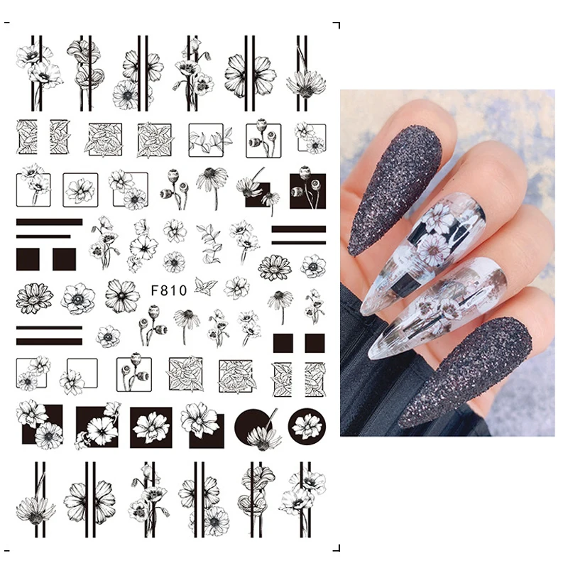 Nail Art Decals Geometric Lines Black Flowers Leafs Back Glue Nail Stickers Decoration For Nail Tips Beauty