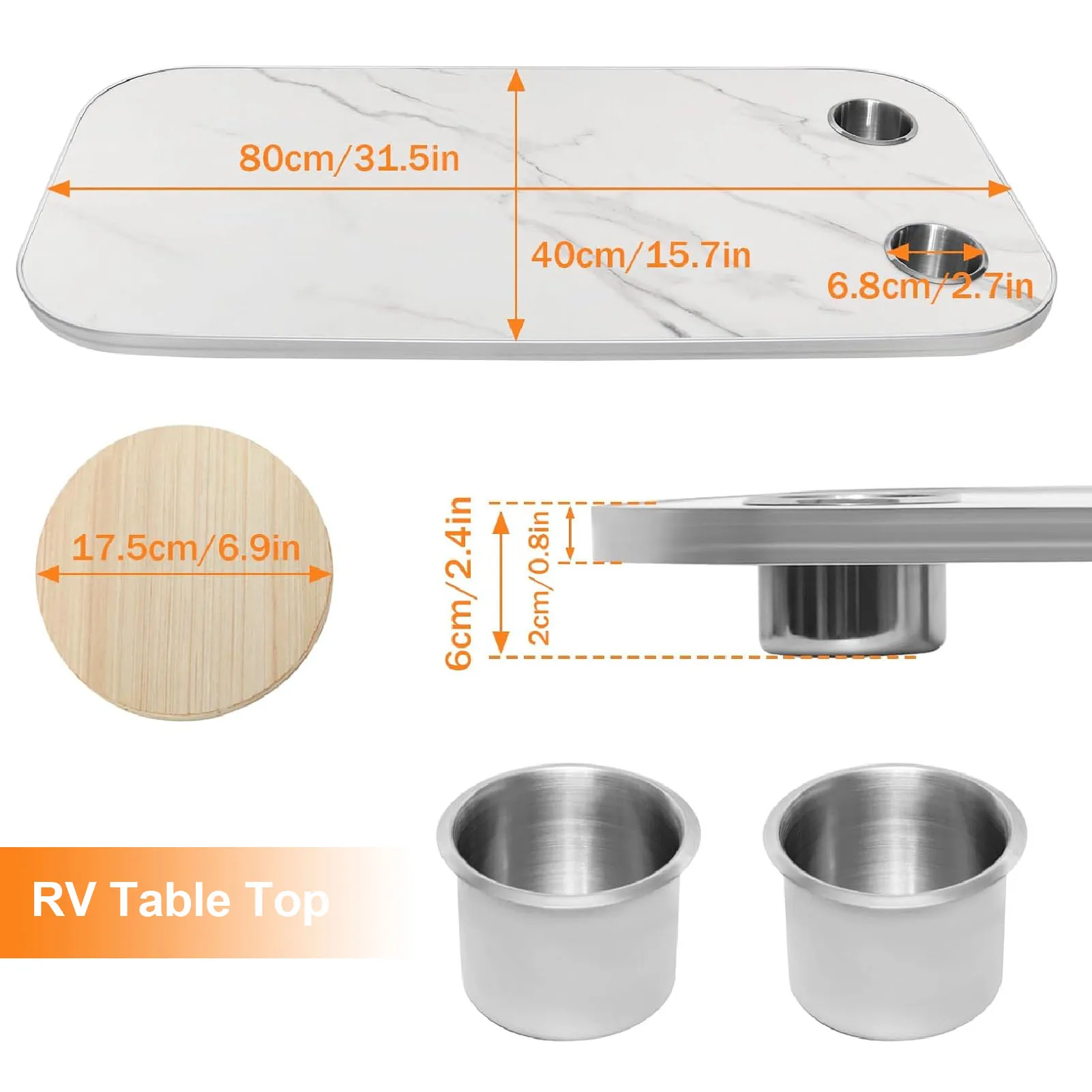 800X400mm RV Tafelblad met 2 Bekerhouders Aluminium Rand Verwijderbaar Tafelblad voor Jacht Boot Bureau Patio