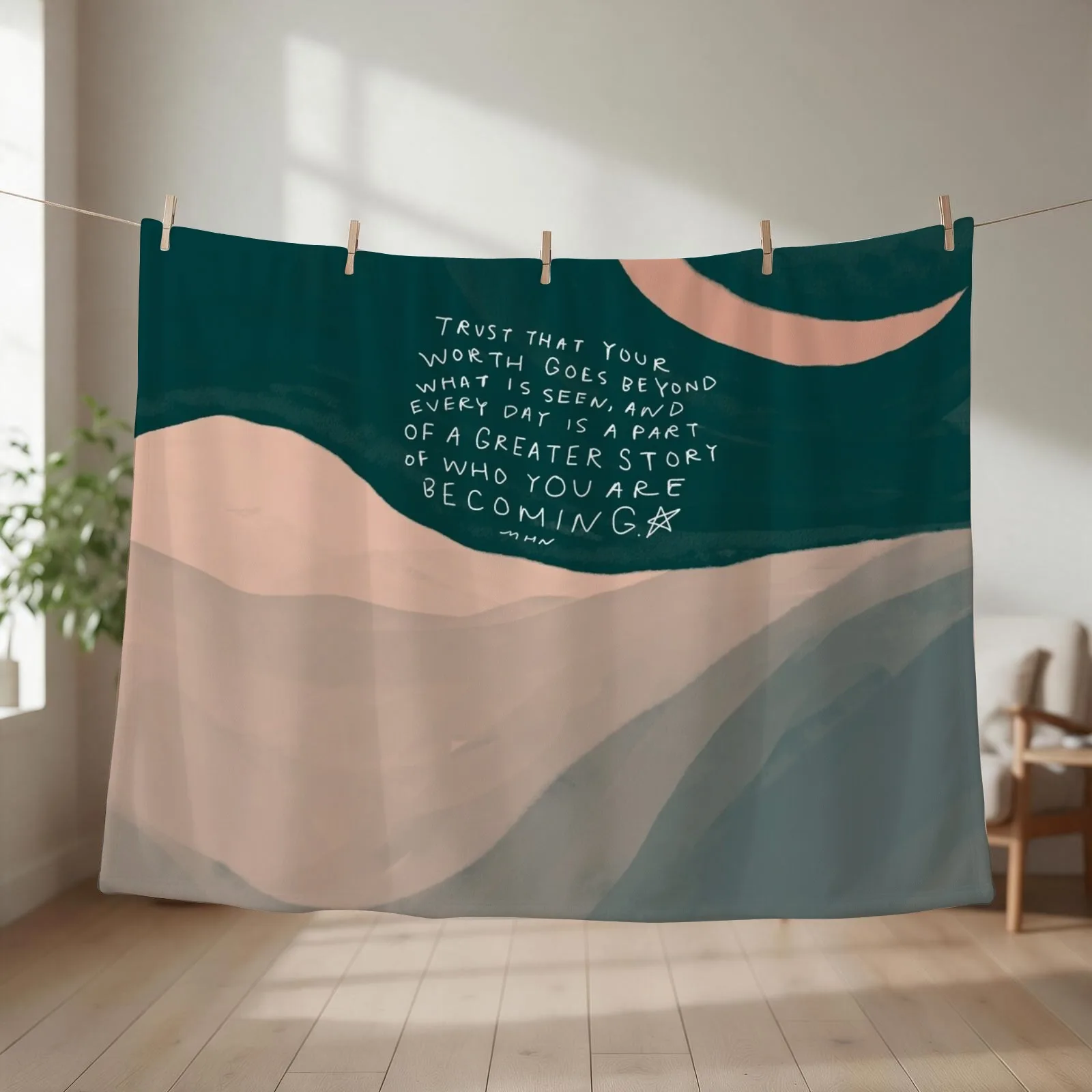 Who You Are Becoming - Inspiring Positive Quote With Mountain and Moon Throw Blanket