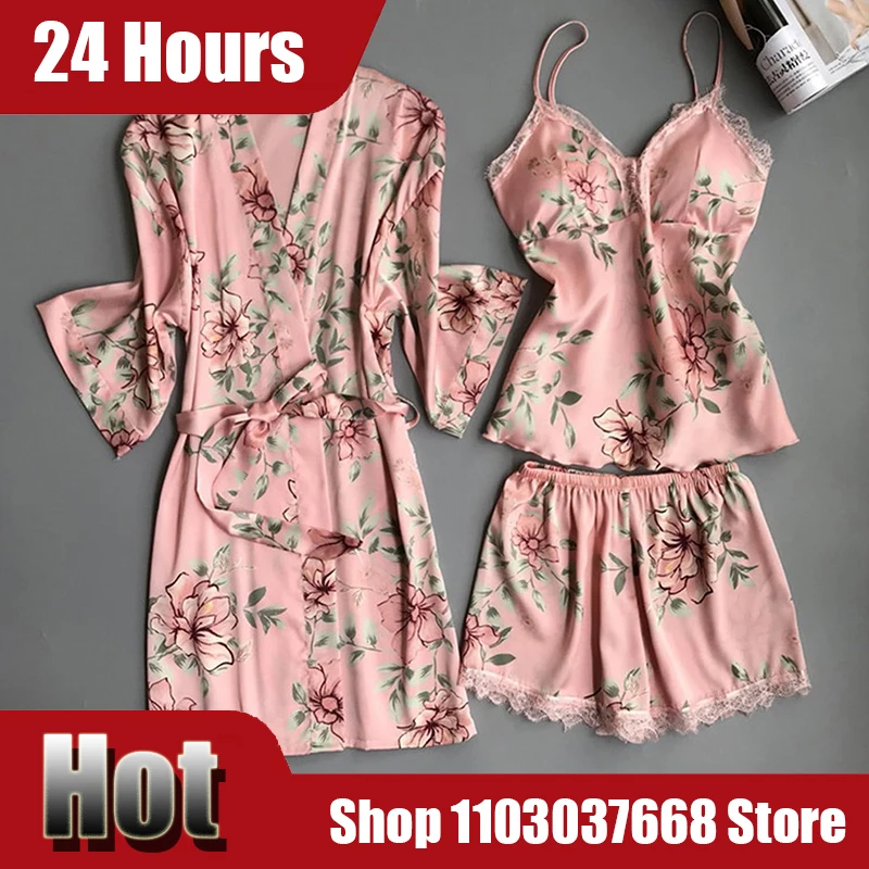 Fashion Women's Sleepwear Printed Suspender Five Piece Set Home Clothes Loose And Comfortable Lace Nightgown Set High Quality