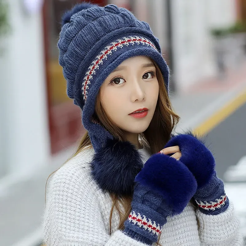 Women Girls Hat Gloves Set Keep Warm Knitted Fur Ball Decoration Cute Fashion Beanies Glove 2 Pieces Set For Winter