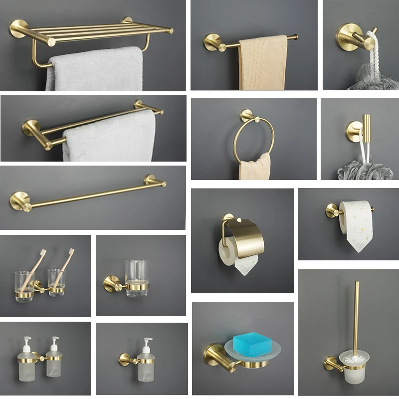 

Wall Mounted Towel Bar Brushed Gold Stainless Steel Round Toilet Paper Holder Soap Bottle Robe Coat Hooks Bathroom Accessories