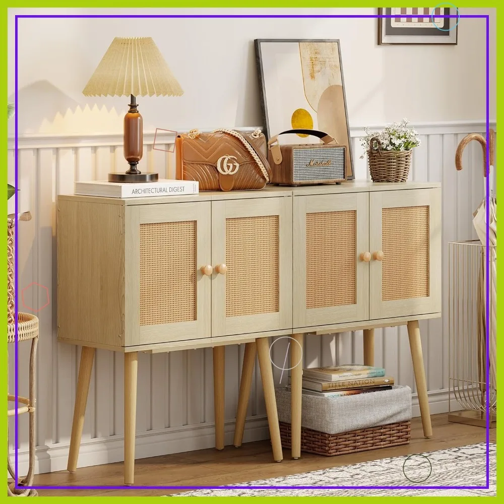 

Буфет в стиле бохо с дверцами из ротанга, ножками из массива дерева для кухни, гостиной, хранения вещей в небольших помещениях