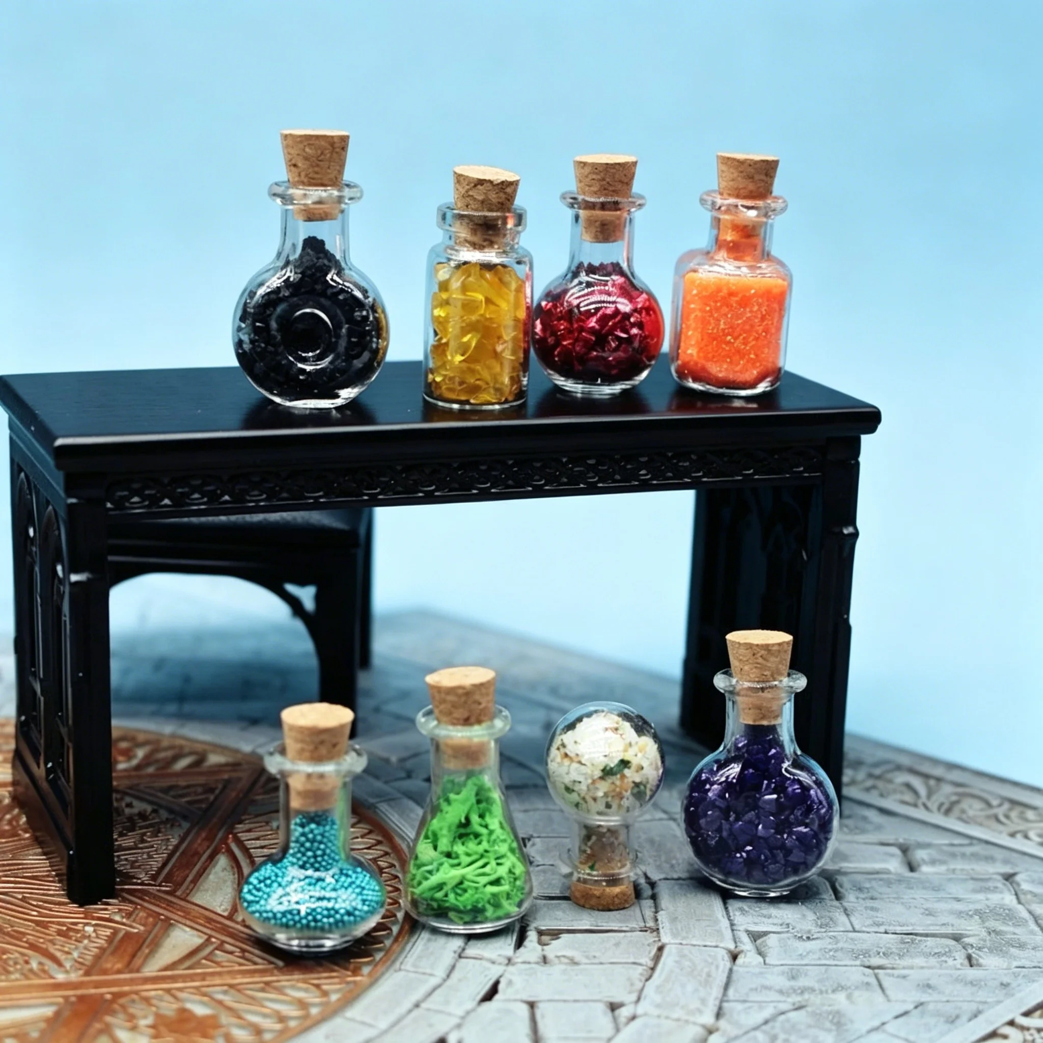 Juego de 4 Botellas de Poción Mágica en Miniatura para Casa de Muñecas - Frascos de Vidrio con Tapón de Corcho para Decoración de Halloween