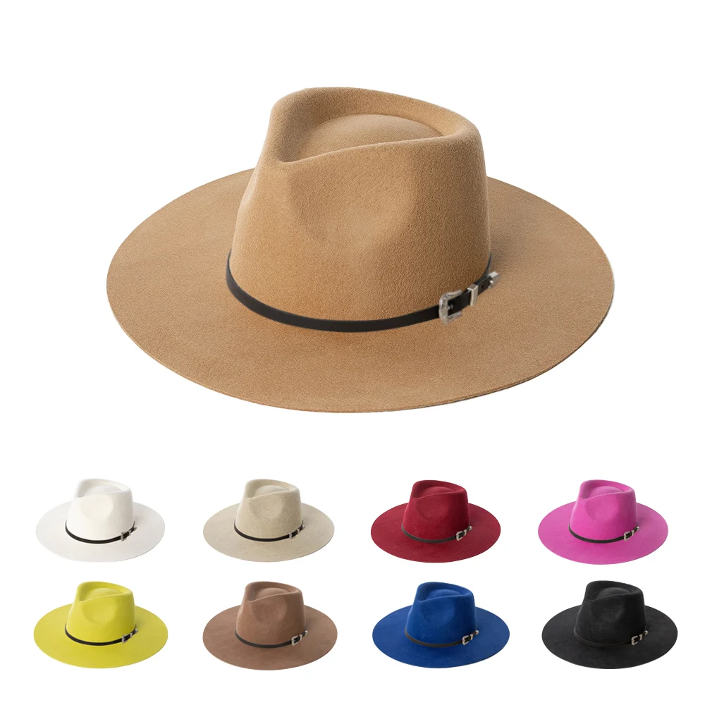 100% Australia Wool Fedora Hat With PU Belt WideBrim Wool Felt Hat