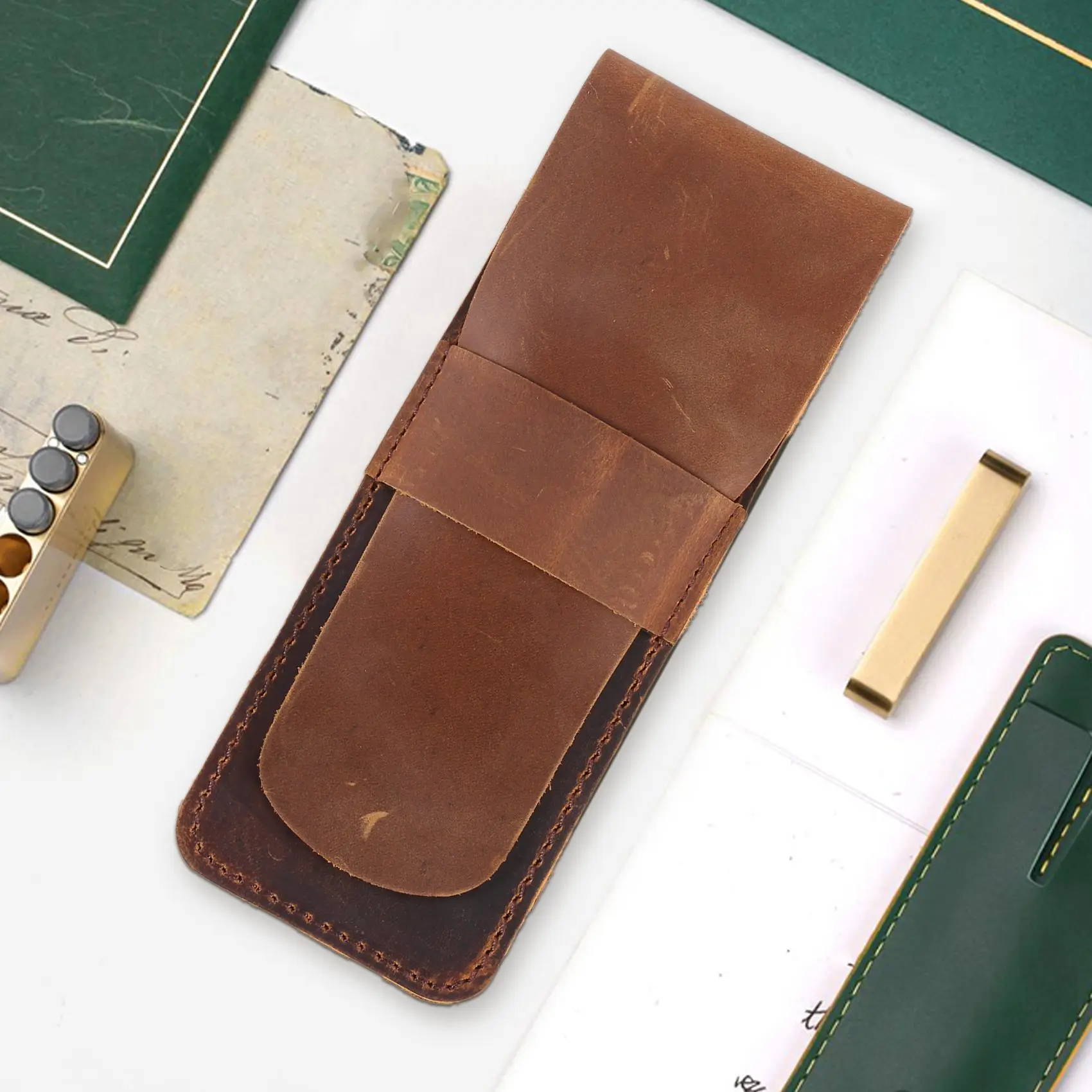 (WSFS) Handmade Leather Pencil Storage Bag Cowhide Fountain Pen Case Holder Vintage Retro Accessories for Travel Journal A
