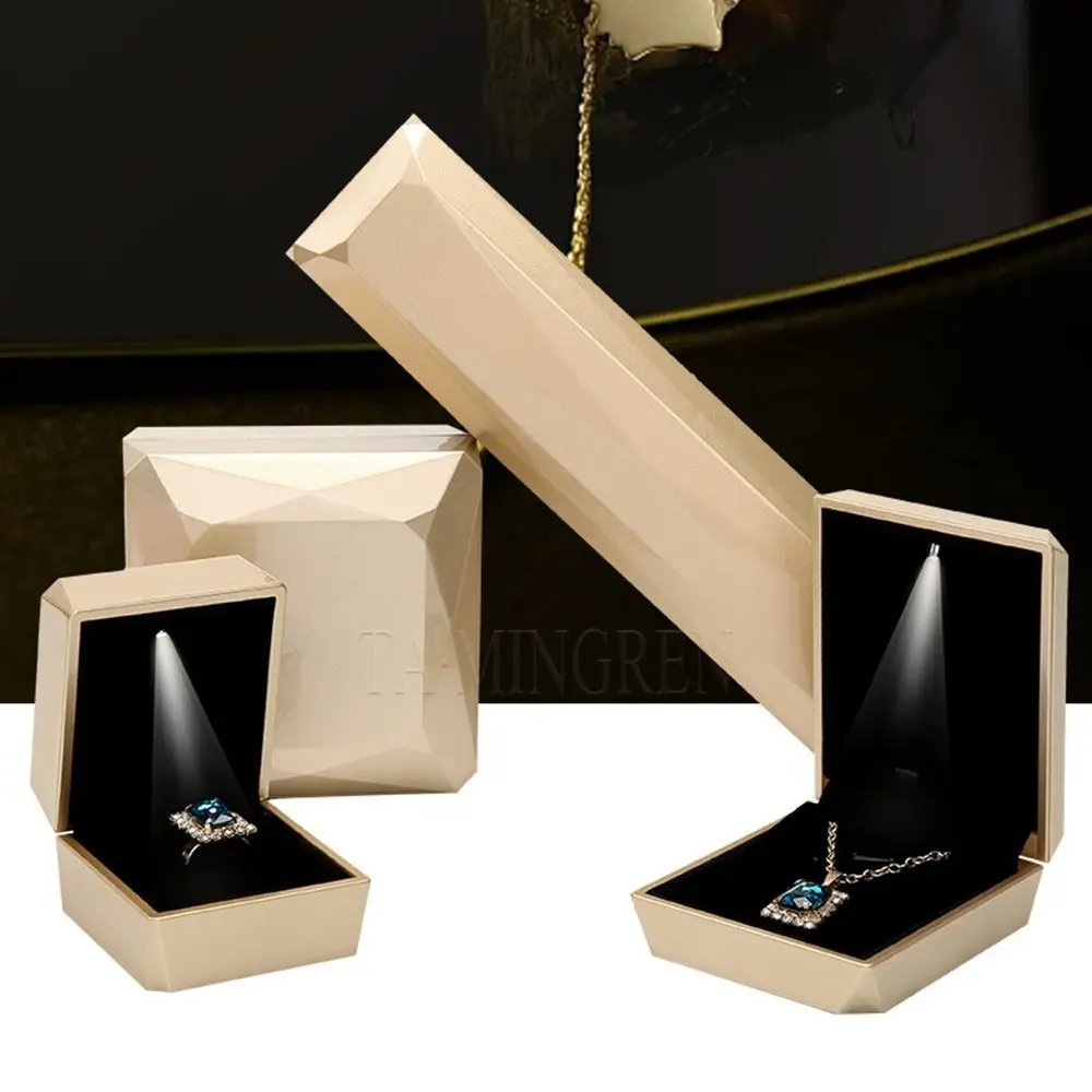 Diamond Jewelry Storage Box Baking Paint Round Edge Earrings Ring Display Case with LED Light Pendant Necklace Organizer