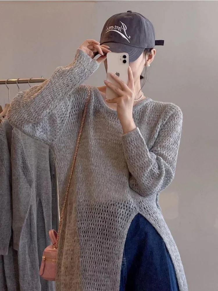 Long Pullovers Women Hollow Out Designed Autumn Sun-proof Knitwear Chic Irregular Side-slit Office Lady Simple Solid Sweaters