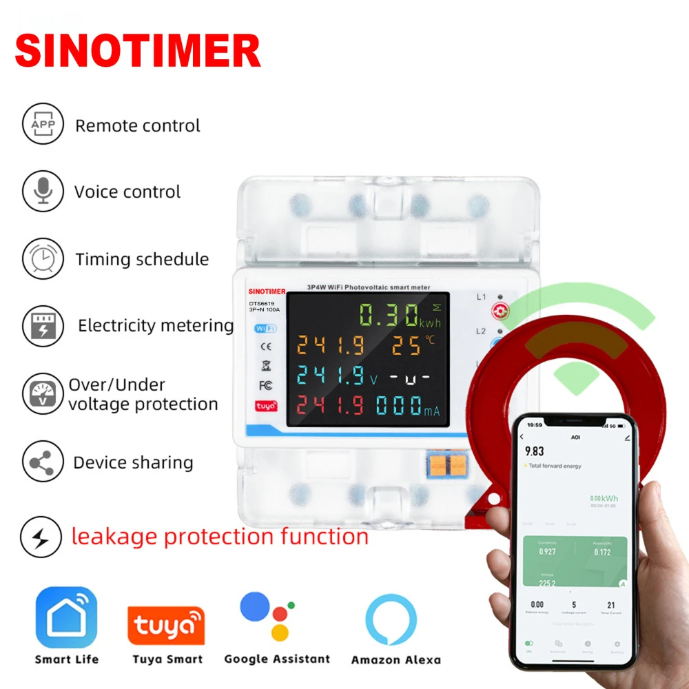 

WiFi Smart Circuit Breaker 3 Phase Bidirectional PV Energy Power kWh Meter Over Under Voltage Protector Switch Current Leakage