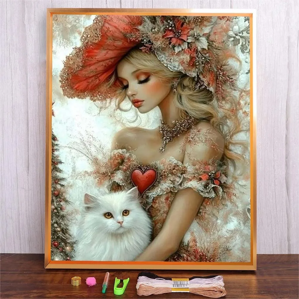 

Diy Cotton Thread Cross Stitch Kit 11ct 14ct Fabric Cloth Hand Embroidery Material Kit Cat Women Full Printed Canvas Handicraft