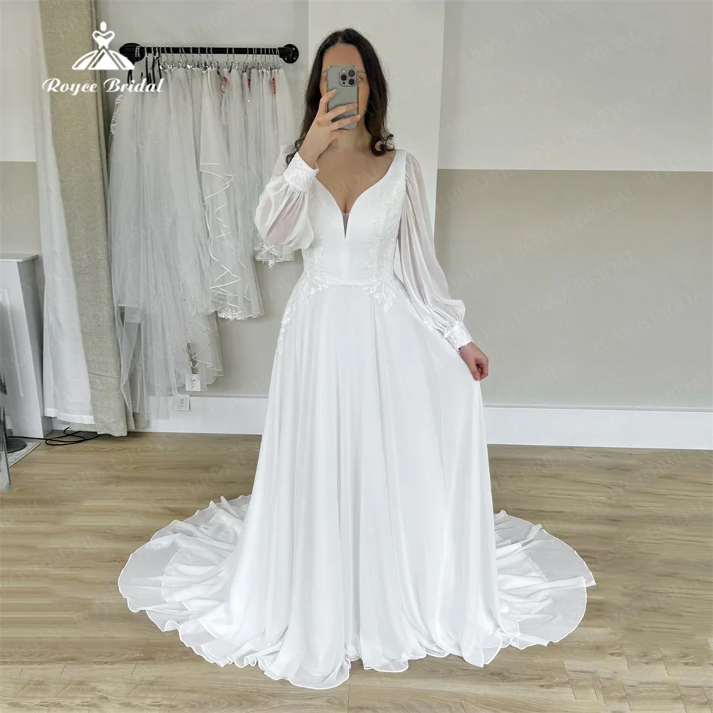 Roycebridal-فستان زفاف شيفون للنساء ، فساتين زفاف رومانسية ، أكمام طويلة ، رقبة حرف V ، زين قطار كنس ، كنس