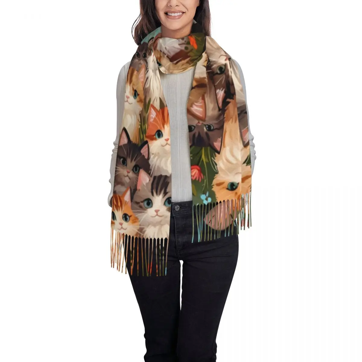 وشاح دافئ شالات الشتاء الكرتون القط والتفاف مخصص Bufanda المرأة الفاخرة 2024 أغطية الرأس الأوشحة