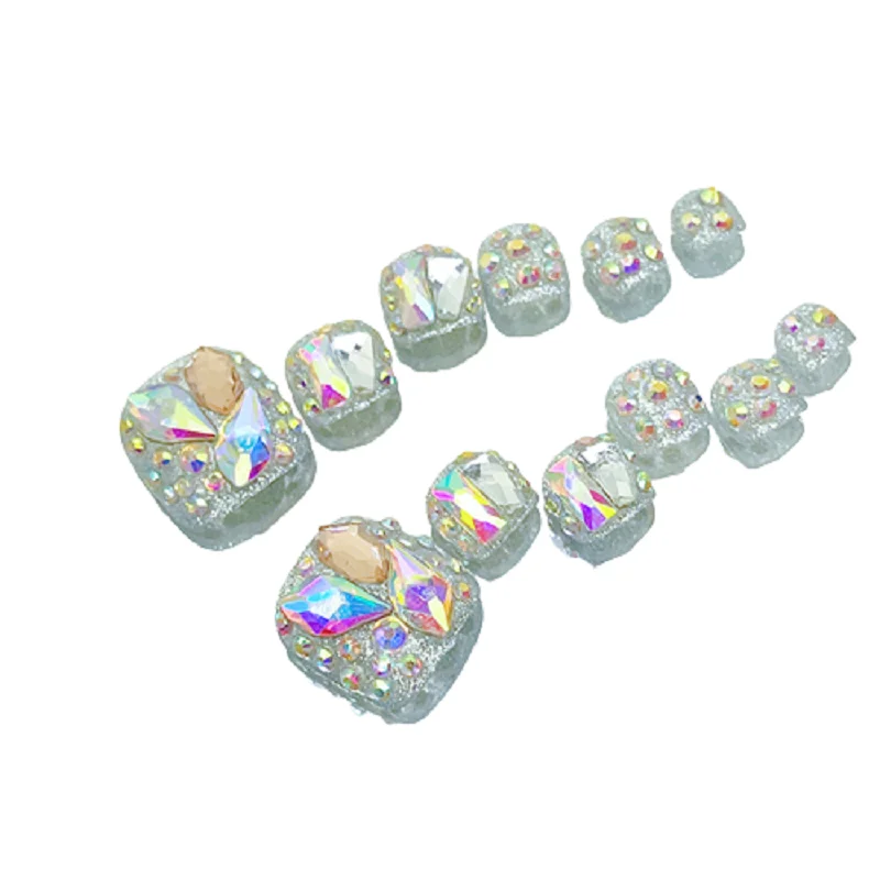 24 ชิ้นที่มีสีสันประกายเพชรเล็บปลอมด้วยการออกแบบเล็บอะคริลิชุด Rhinestones ปลอมเล็บเท้ากดบนฟุตเล็บเคล็ดลับ