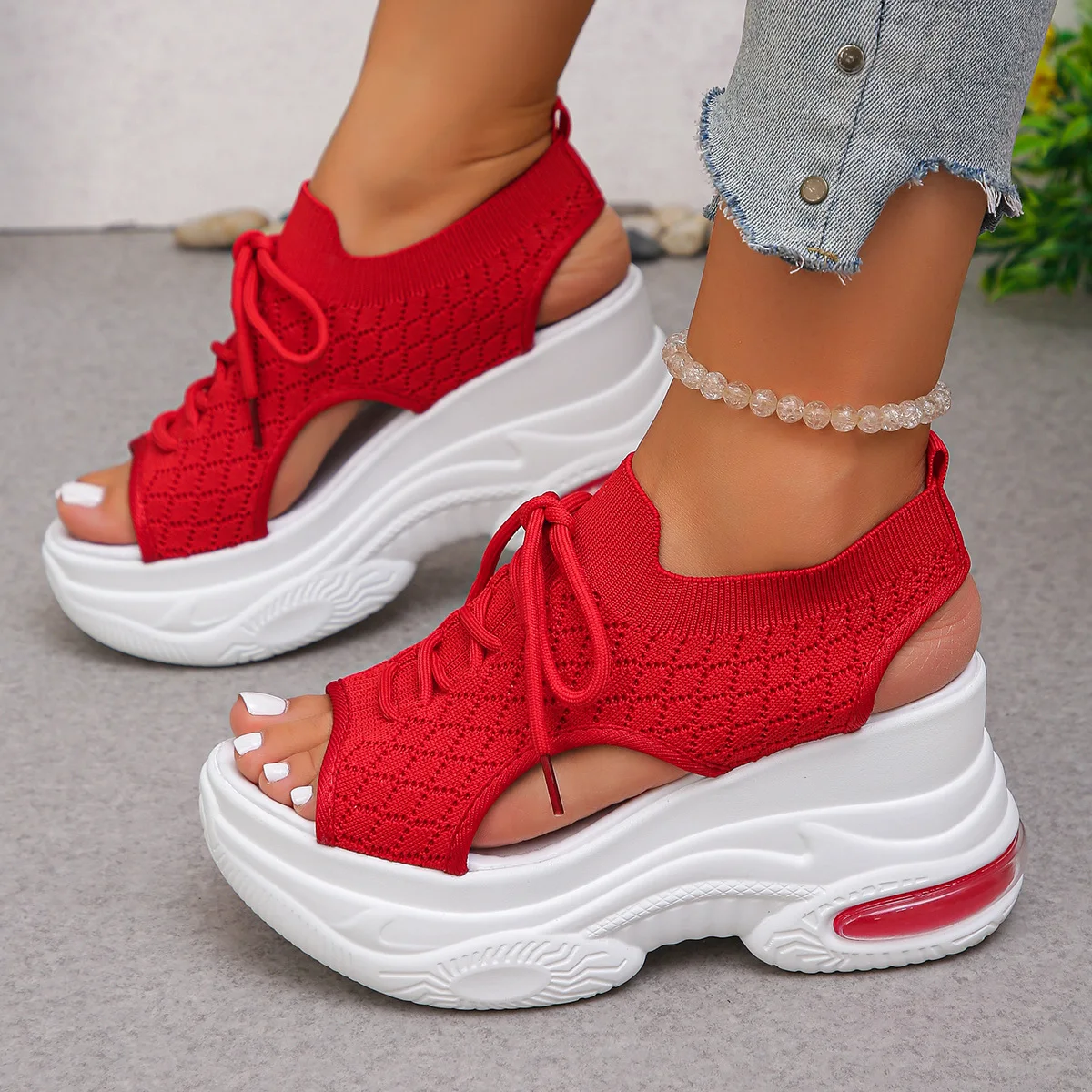 35-42 Übergrößen-Schuhe für Damen Sommer Mode Peep-Toe Mesh Atmungsaktive Rutschfeste Plateau-Keilsandalen Lässige Strand-Freizeitschuhe