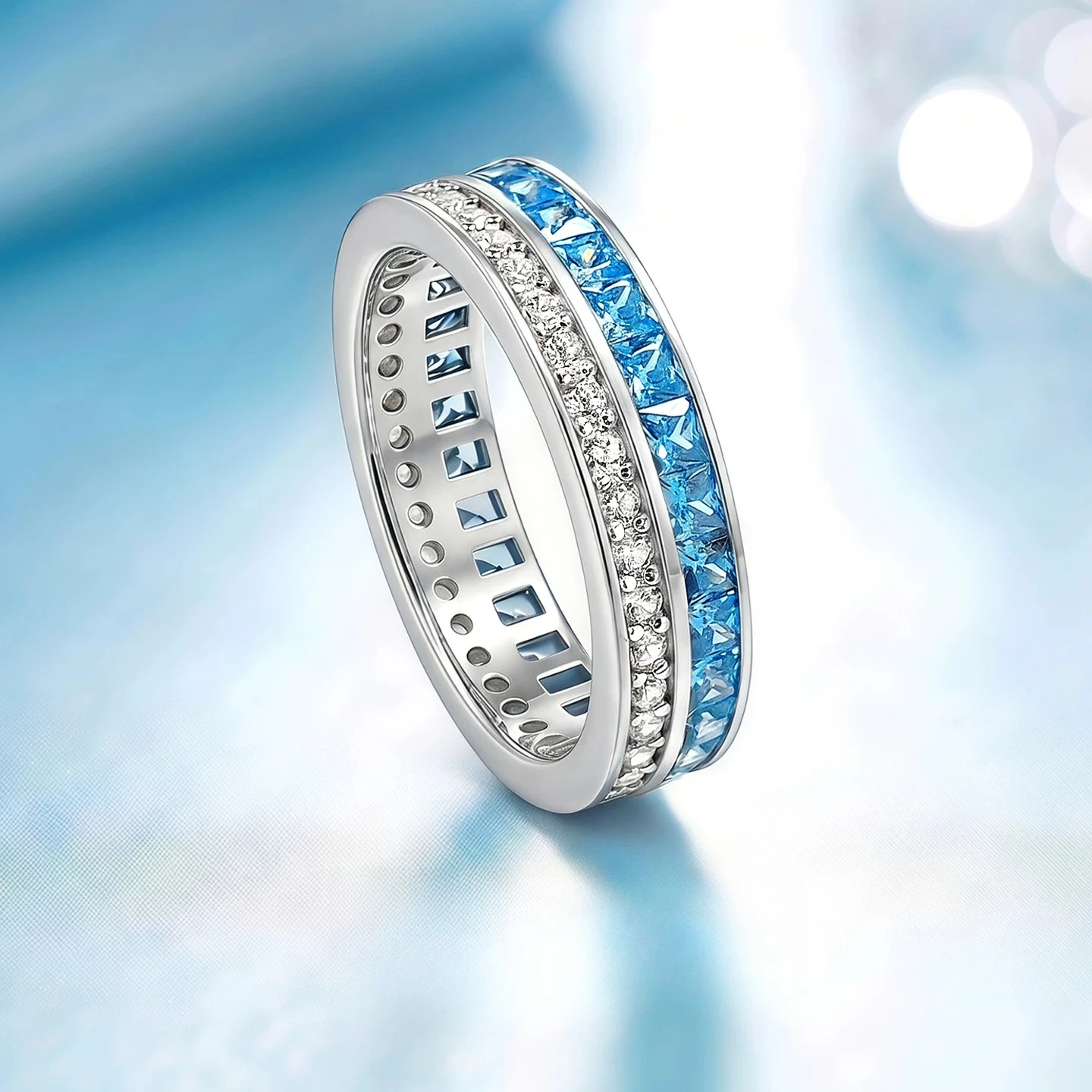 S925 Silver Ring White Blue Double Row Zircon Inlaid with Ocean Small Fresh Women's Jewelry