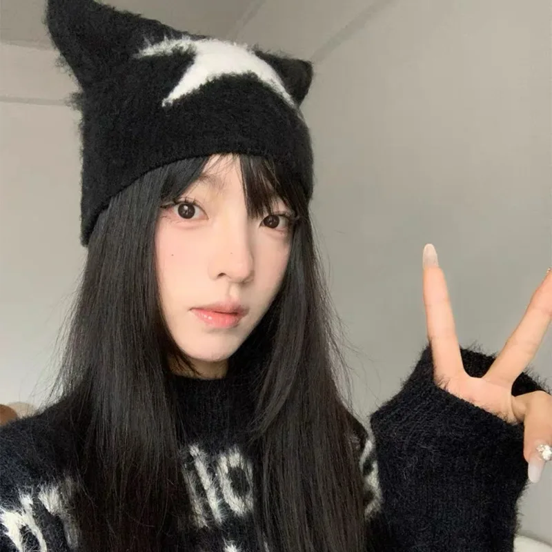 New Pentagram Endless Woolen Hat Cat Ears Autumn Winter Warm Windproof Cap Y2k Korean Knitted Beanie Acrylic Hip Hop Dice Hats