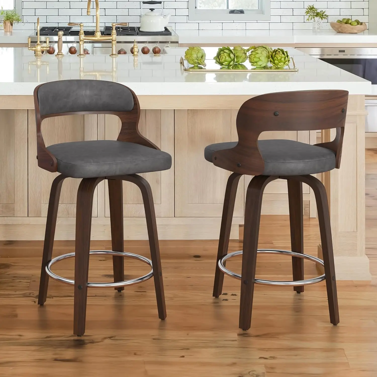 

Mid-Century Modern Bar Stool Chairs Swivel Upholstered PU Leather with Backs for Home Bar Kitchen Island & Restaurant