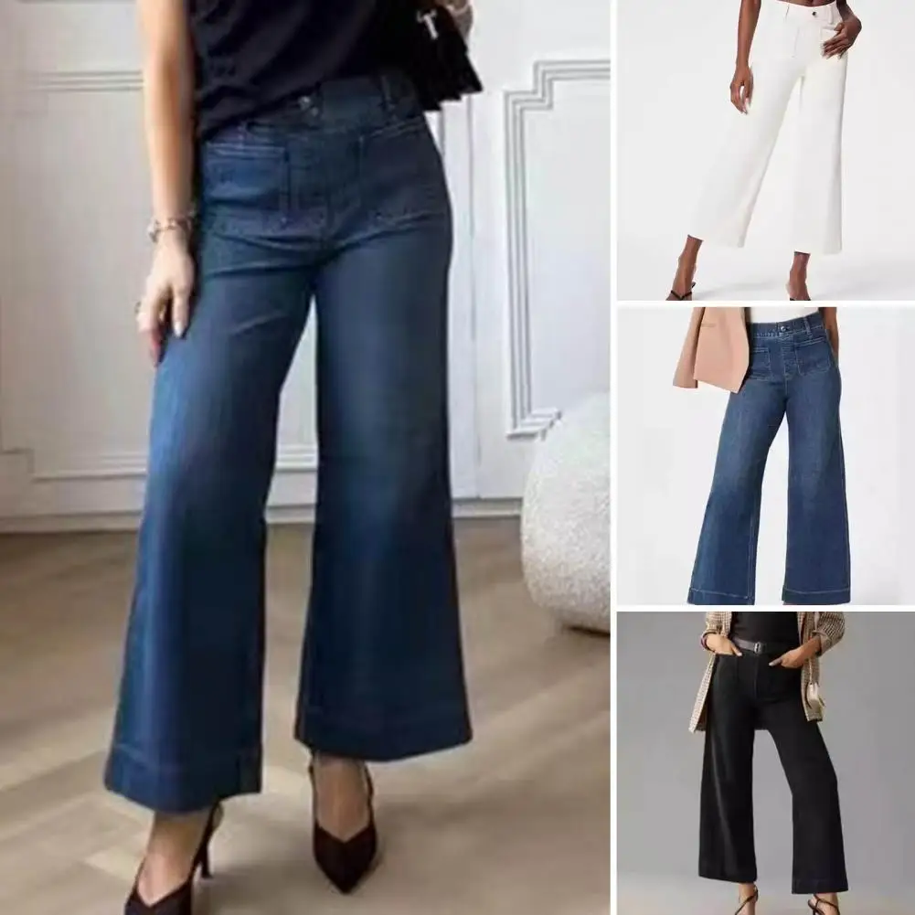 

High Waist Jeans Stylish Women's High Waist Wide Leg Denim Pants with Button Closure Pockets Stretchy Fit for Commute Dating