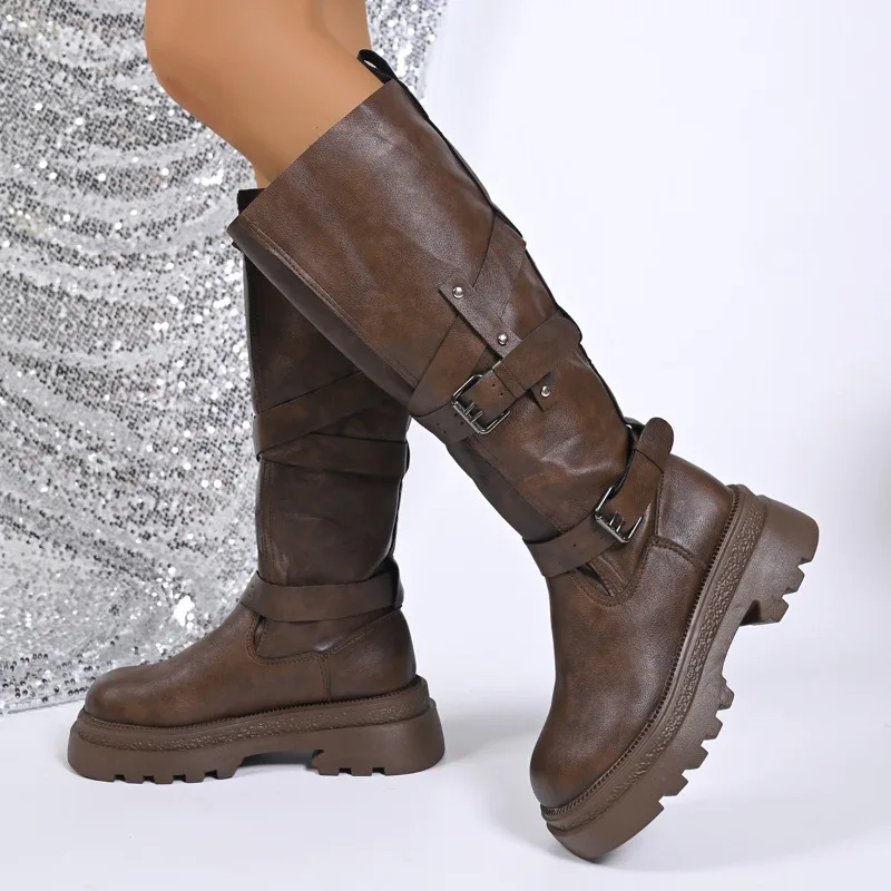 منصة فارس الأحذية خريف 2025 جديد جولة تو طويل القامة مشبك الدانتيل متابعة كتلة كعب أحذية رعاة البقر الغربية #1