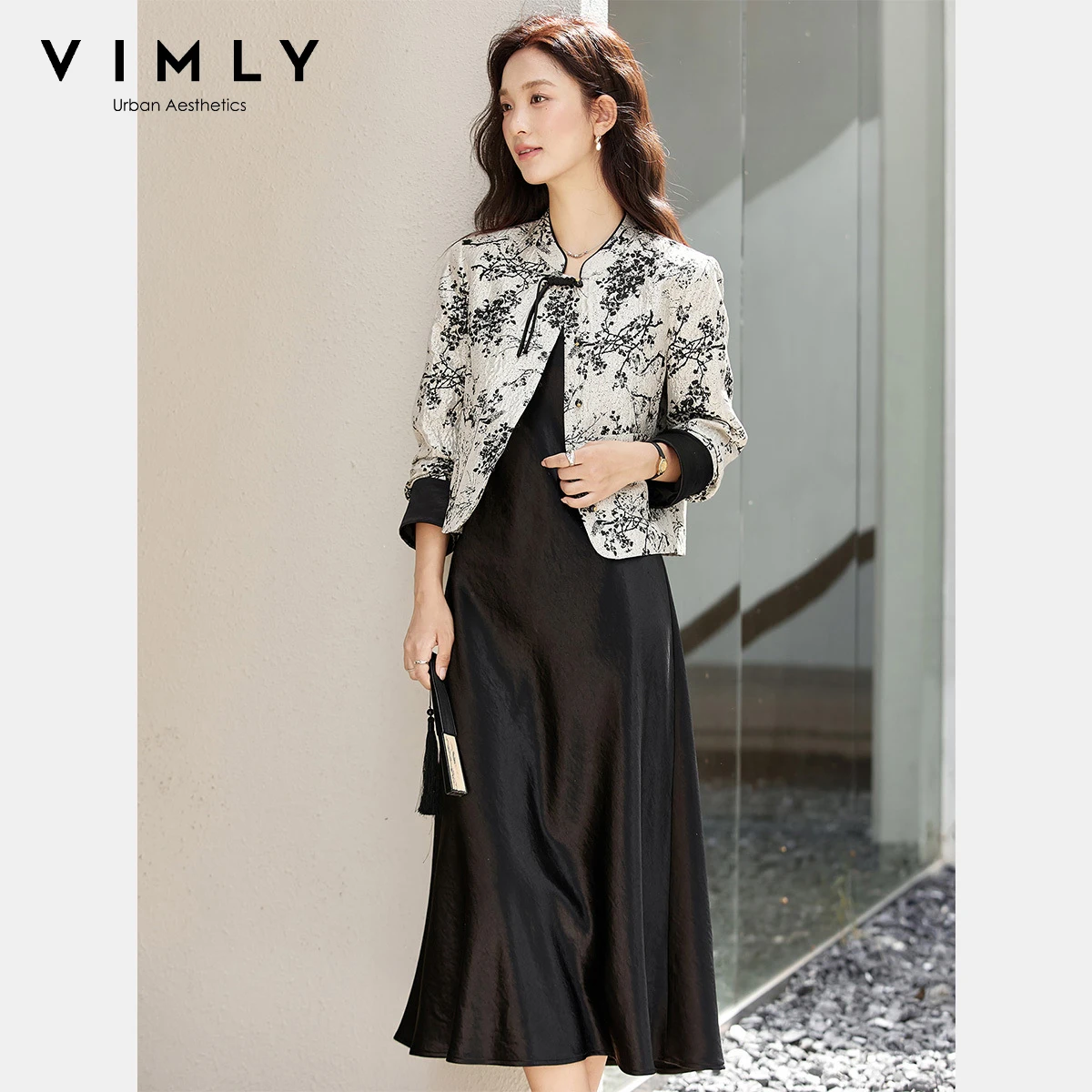 

VIMLY элегантные женские комплекты платьев в китайском стиле, жаккардовые куртки, длинное атласное платье на подтяжках, осень 2024, женский комплект из двух предметов A2939