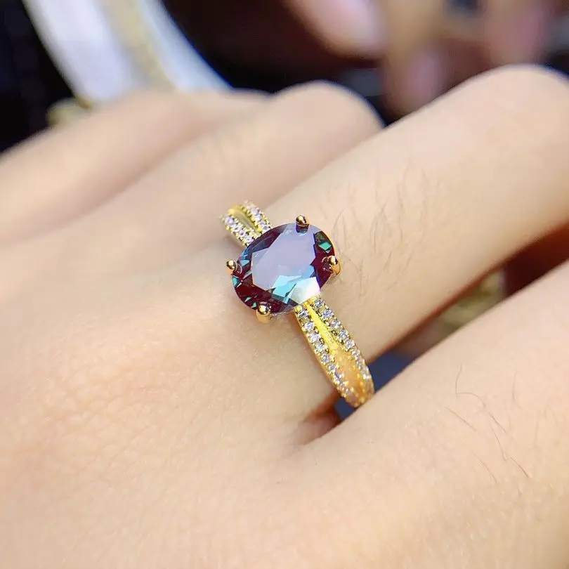 14K Yellow Gold Plated Real Solid 925 Sterling Silver Alexandrite Ring Split Band Ring Alexandrite June Birthstone For Women