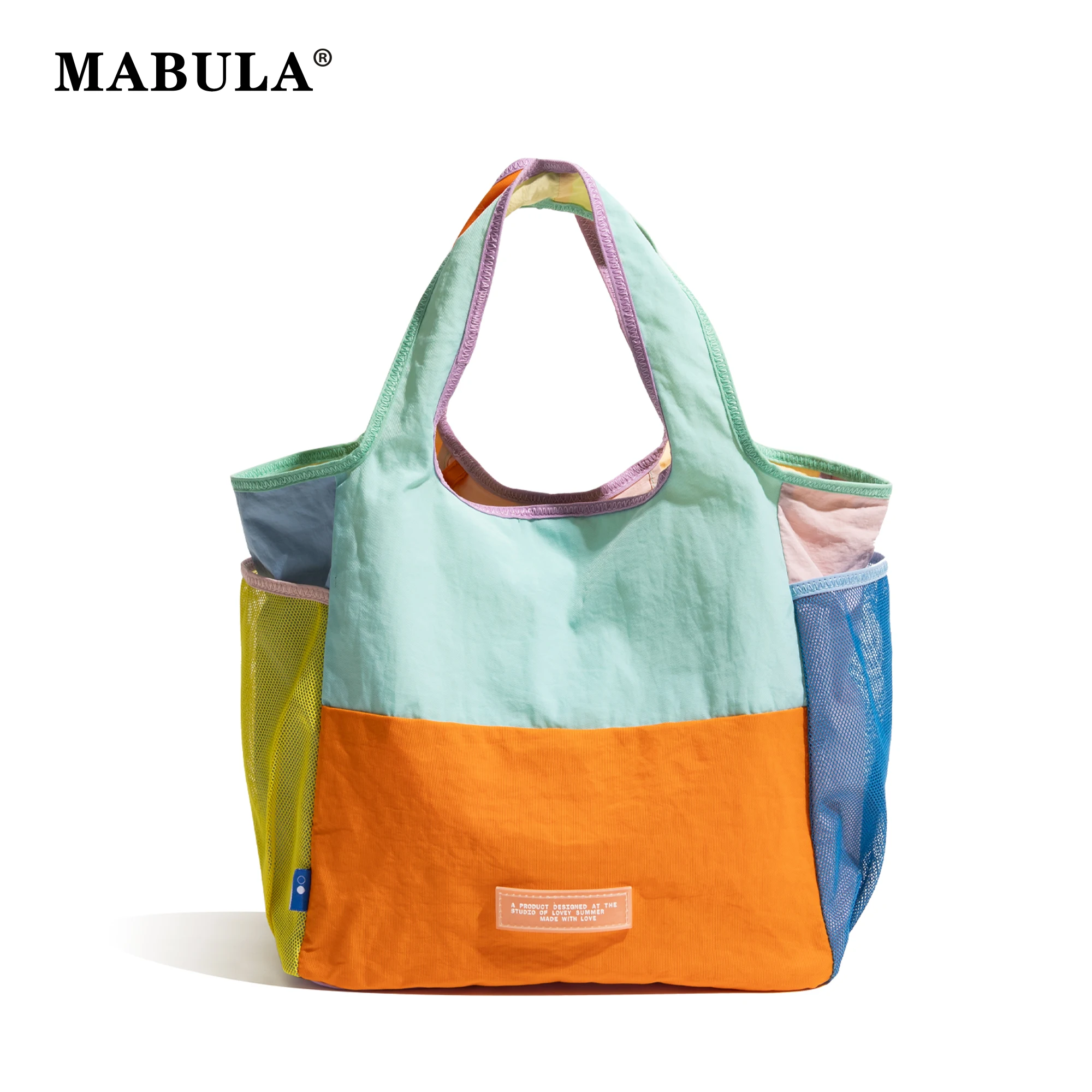 

MABULA Colorful Blocked Tote Bag Nylon Lightweight Collapsible Women Fashion Shopping Handbag Large Capacity Multi-pocket Purse