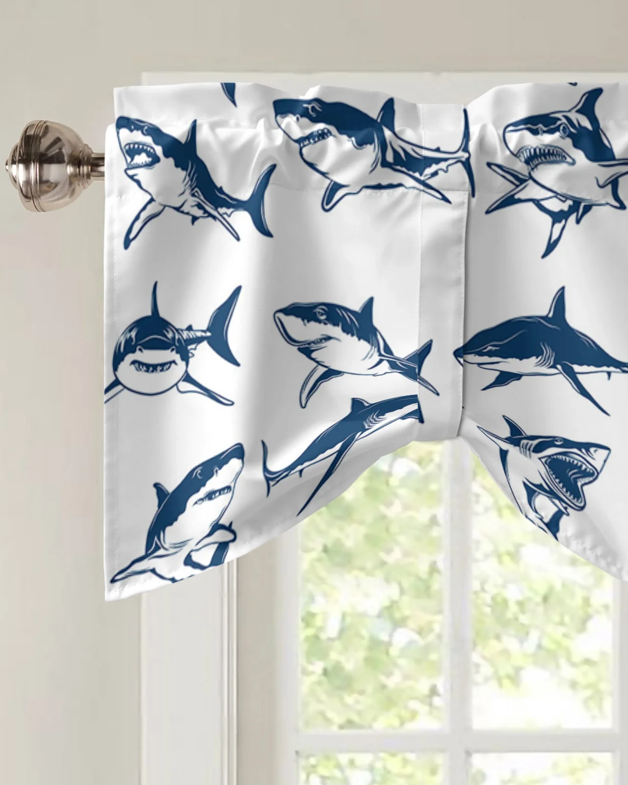 Shark Sea Animal White Window Valance Curtain Kitchen Cafe Short Curtains Living Room Tie-Up Valance Curtain