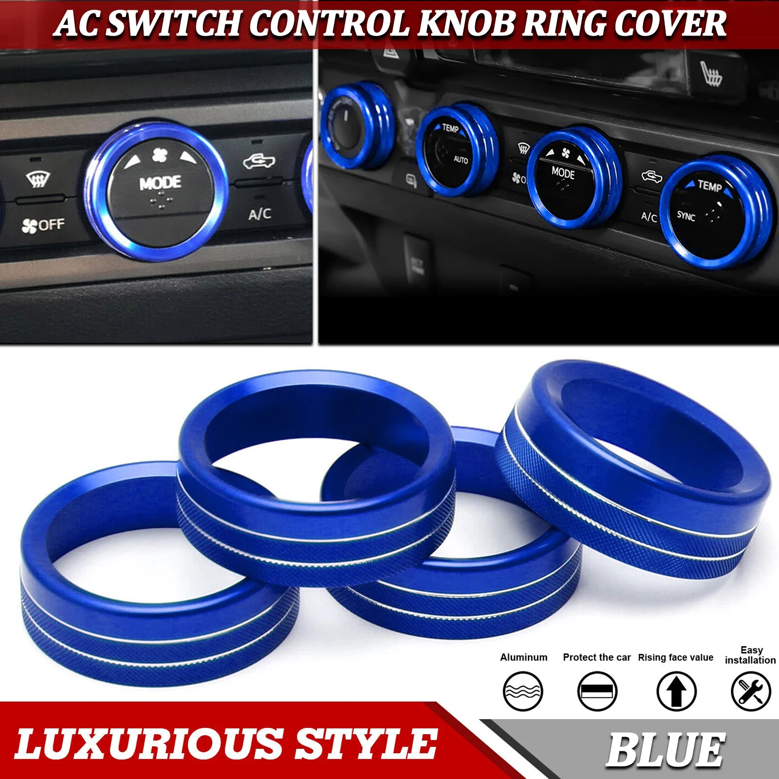 

4pcs/Set Blue Interior AC Climate Control 2WD/4WD Switch Knob Ring Cover Button Frame Sticker For Toyota Tacoma 2016-2023