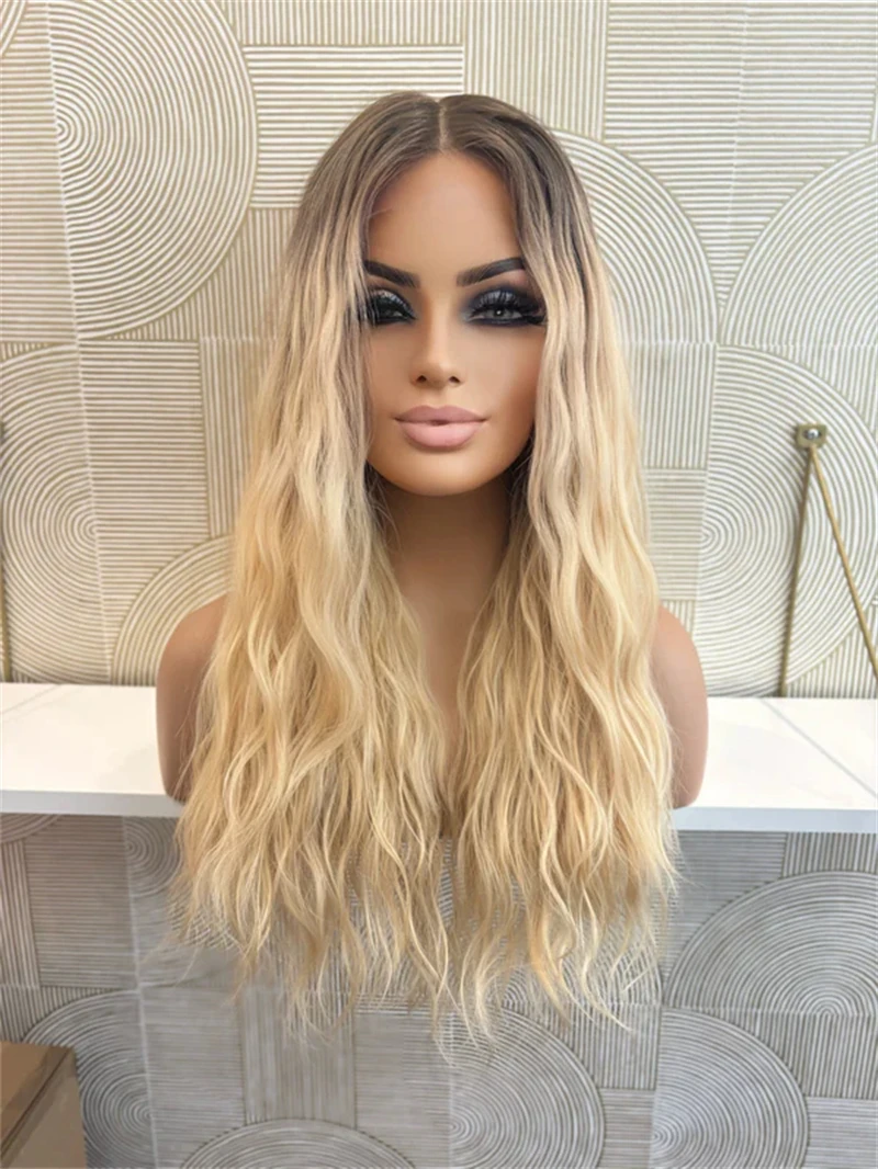 Top Glueless Wig Ombre Golden Blonde HD Lace Front Wig with Dark Roots Glueless Wig Wear and Go Synthetic Wig Long Water Wave