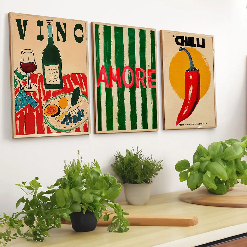 Amore-Cuadro impreso en lienzo de rayas verdes, vino, copa de vino y pimienta, póster artístico de pared, sala de estar moderna, dormitorio, cocina, decoración del hogar, regalos