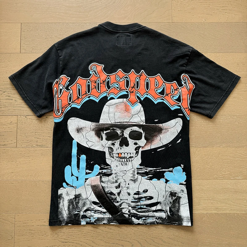 2025SS High Street Godspeed Cowboy Skull Print T-shirt Men Women Washed Casual God Speed Tees Tops T-shirts