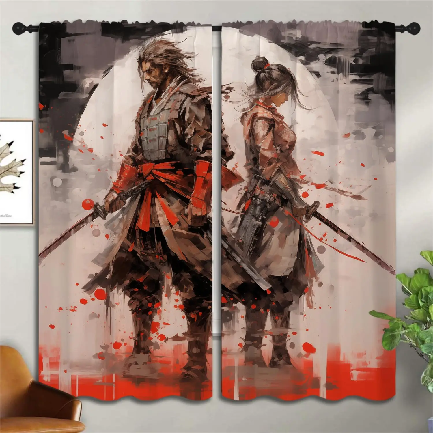 

Японские аниме-шторы для мальчиков и девочек, с рисунком красного солнца и самураев в стиле акварельной живописи, азиатское традиционное искусство, 2 панели, с карманом для карниза, термоизоляционные