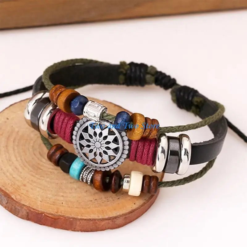 HX6F Wrap Bead Tribal Leather Woven Stretch Bracelet Boho Hemp Linen String Bracelet