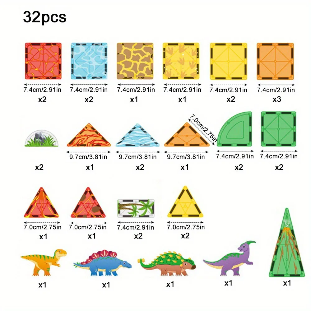Blocchi magnetici per dinosauri fai-da-te da 32 pezzi - Set di giocattoli a stelo grande Giocattoli magnetici creativi, giocattoli magnetici educativi per bambini
