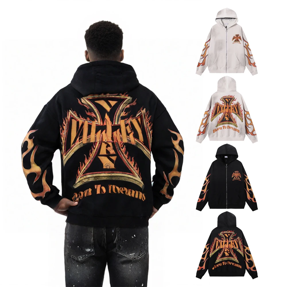 

New Streetwear Clothing Y2k Flame Graphic Hooded Zip-up with Distressed Hiphop Street Style Cotton Men's Hoodies and Sweatshirts