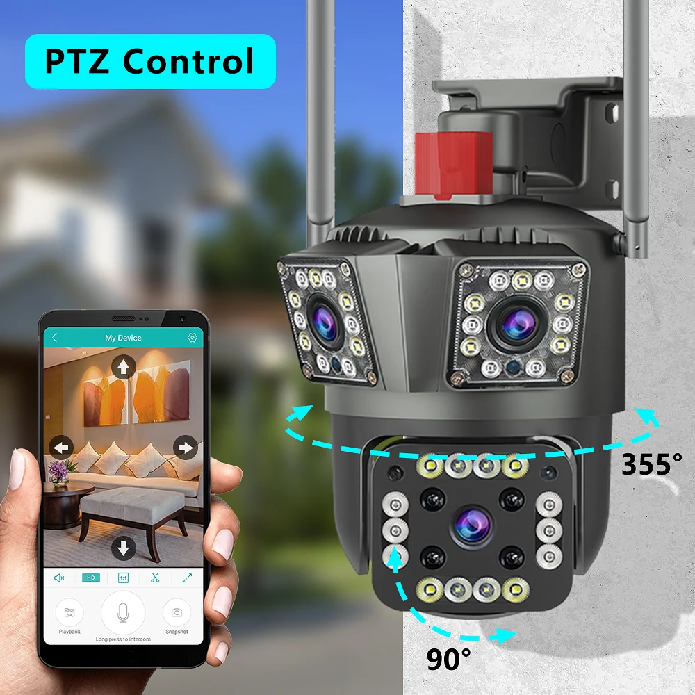 Cámara de seguridad PTZ 4K, dispositivo de Vigilancia con WiFi, HD, 8/12MP, 6K, 3 pantallas, Zoom 8X, protección de seguridad, detección de