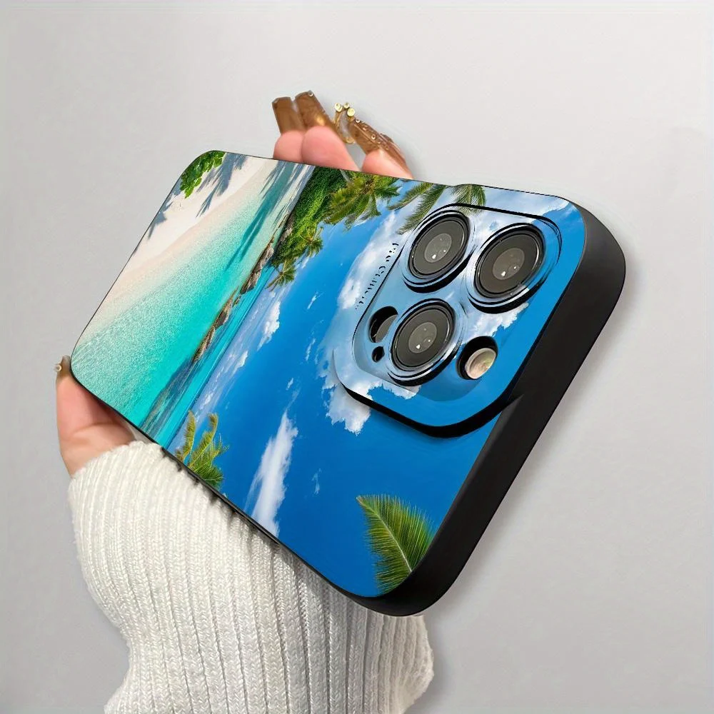 حافظة هاتف أنيقة على الشاطئ باللون الأسود لهاتف iPhone11/12/13/14/15 16 17 Pro Max Pro Plus حافظة هاتف، هدية رائعة