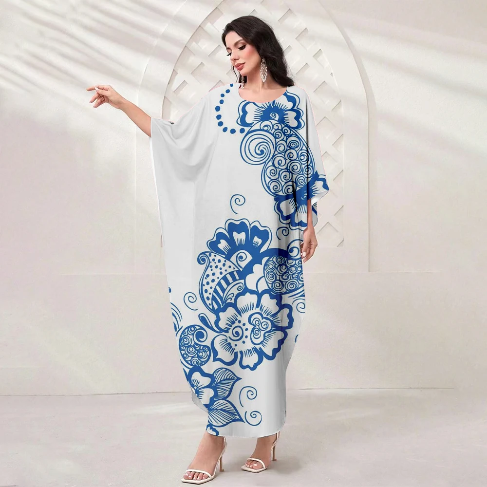 Muslim Batsleeve Party Dress Ladies Blue And White Porcelain Print Elegant Temperament Dress Islamic Summer Casual Loose Dress