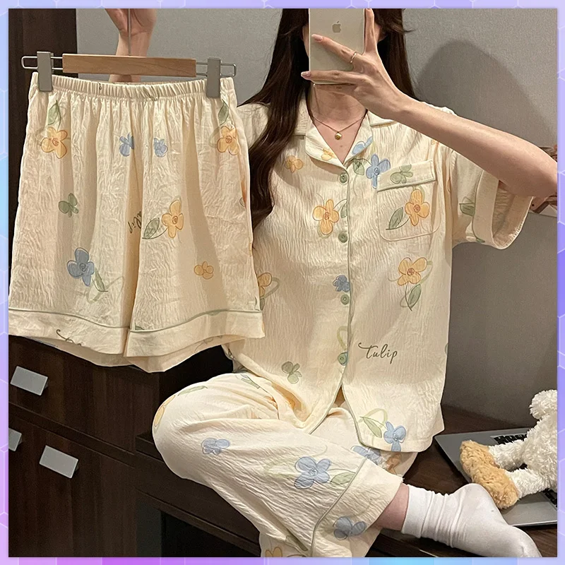 

Women's Cotton Pajamas With Pants 3PC Set Floral Printed Short Sleeve Long Trousers Loungewear With Shorts Sets Home Suit Female