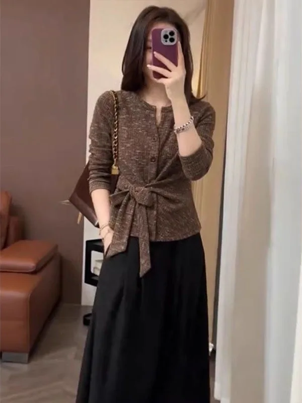 

plus Size Women's Knitted Long Sve Wrap Cardigan Belted Waist Sli Top Coffee Color Trendy Commute Sle Korean Fit
