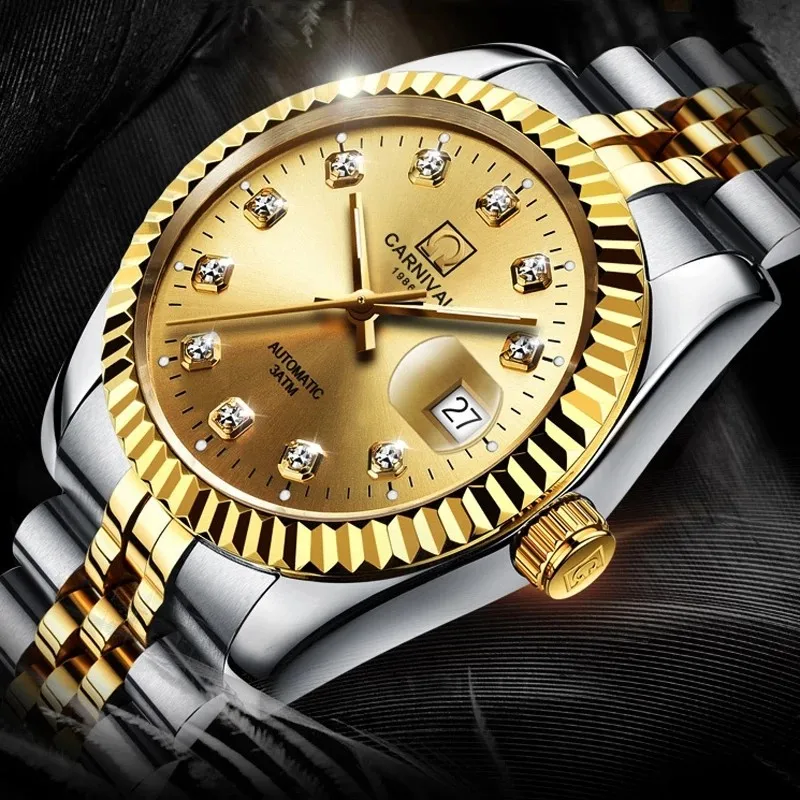 Switzerland CARNIVAL Luxury Brand Automatic Mechanical Women's Watches Sapphire 18K Gold Diamond Waterproof Luminous Clock C8205