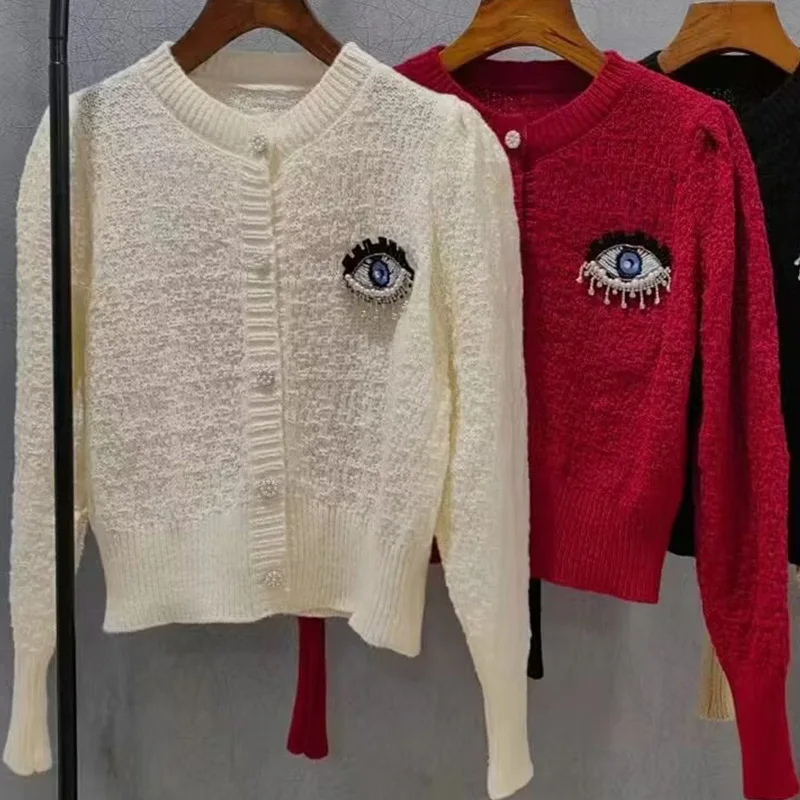 Moda damska Diamenty Guziki Jednolity kolor O-neck Sweter z długim rękawem Płaszcz Odzież damska Trend Modny kardigan dziergany