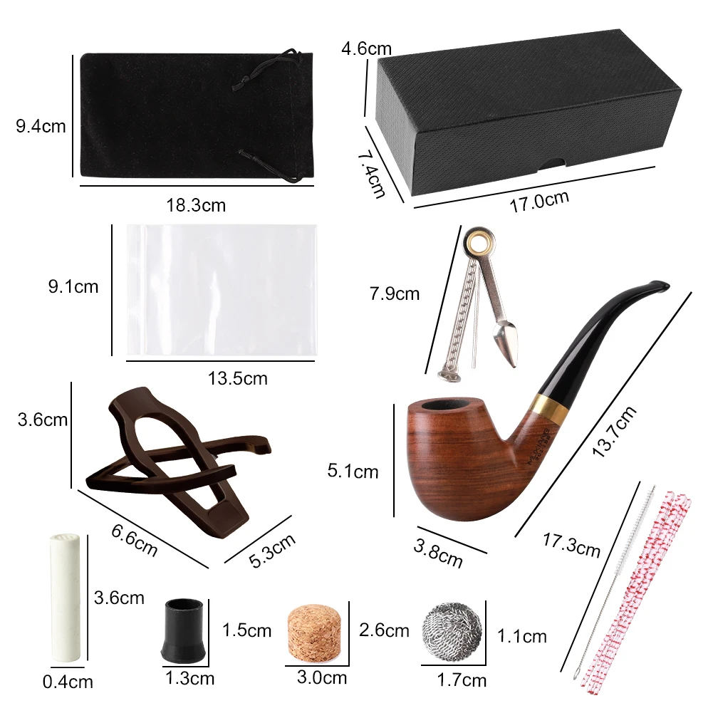 Classic Metal Ring Smoking Pipe,Flat Bottom Tobacco Pipe,Rose Wood Pipe 9mm filter,RoseWood Handmade Wooden Pipe with accessorie