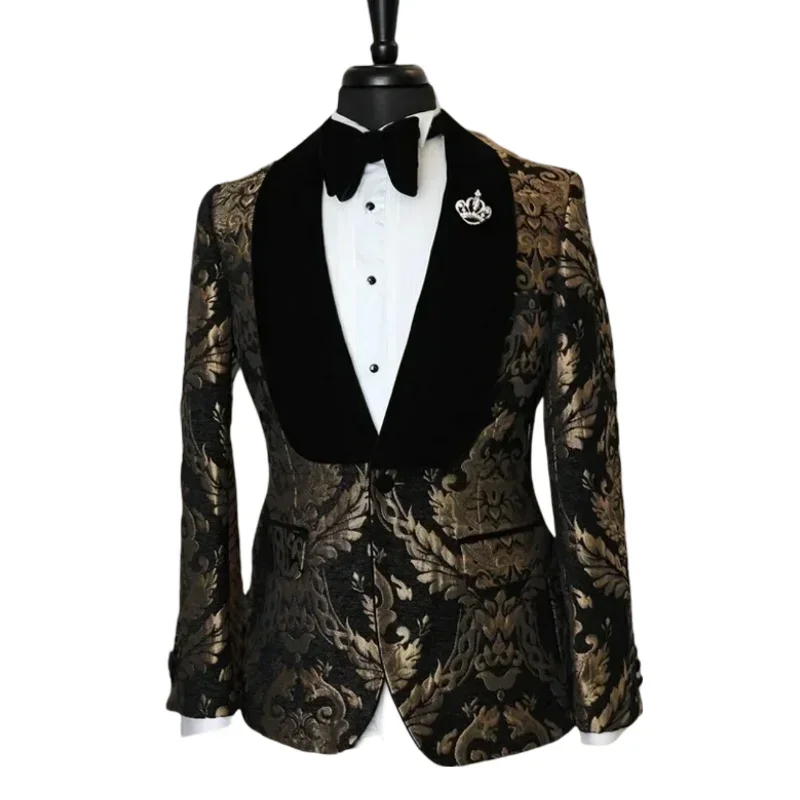 Floral Blazer for Men Slim Fit Shawl Lapel Velvet Smoking Male Suit Jacket 1 Pc Jacquard Fashion Coat 2024 Ready to ship