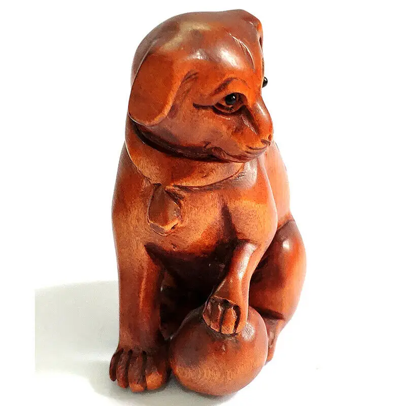 Y146, 20 Years Old 2 INCH Japanese Boxwood Hand Carved Netsuke Sculpture Miniature : Dog Rest