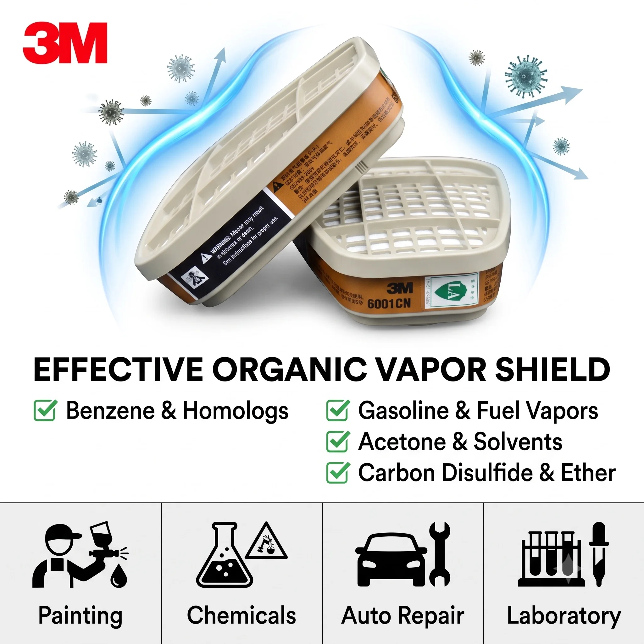 3M 6001 Organic Vapor Filter Cartridge Replacement for 6200 6800 7502 Gas Mask Chemical Paint Spraying Safety Respirator