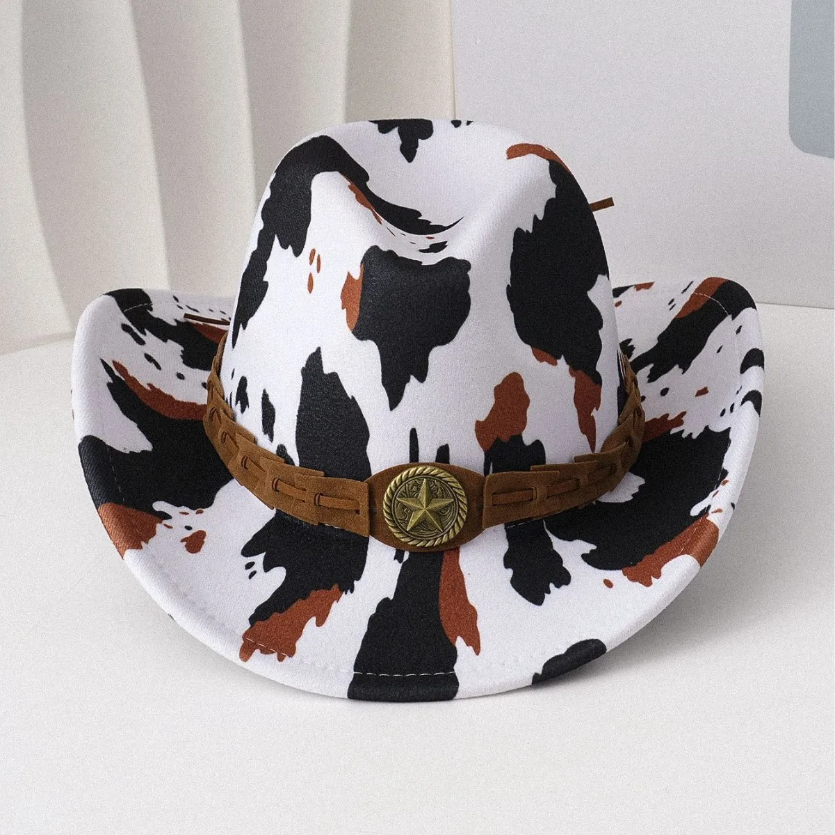 HongLuan Cow Pattern Adjustable Disco Cowboy Hat Woman, Western Vintage Star Bohemian Cowboy Accessories & Cowgirl Hats for Man