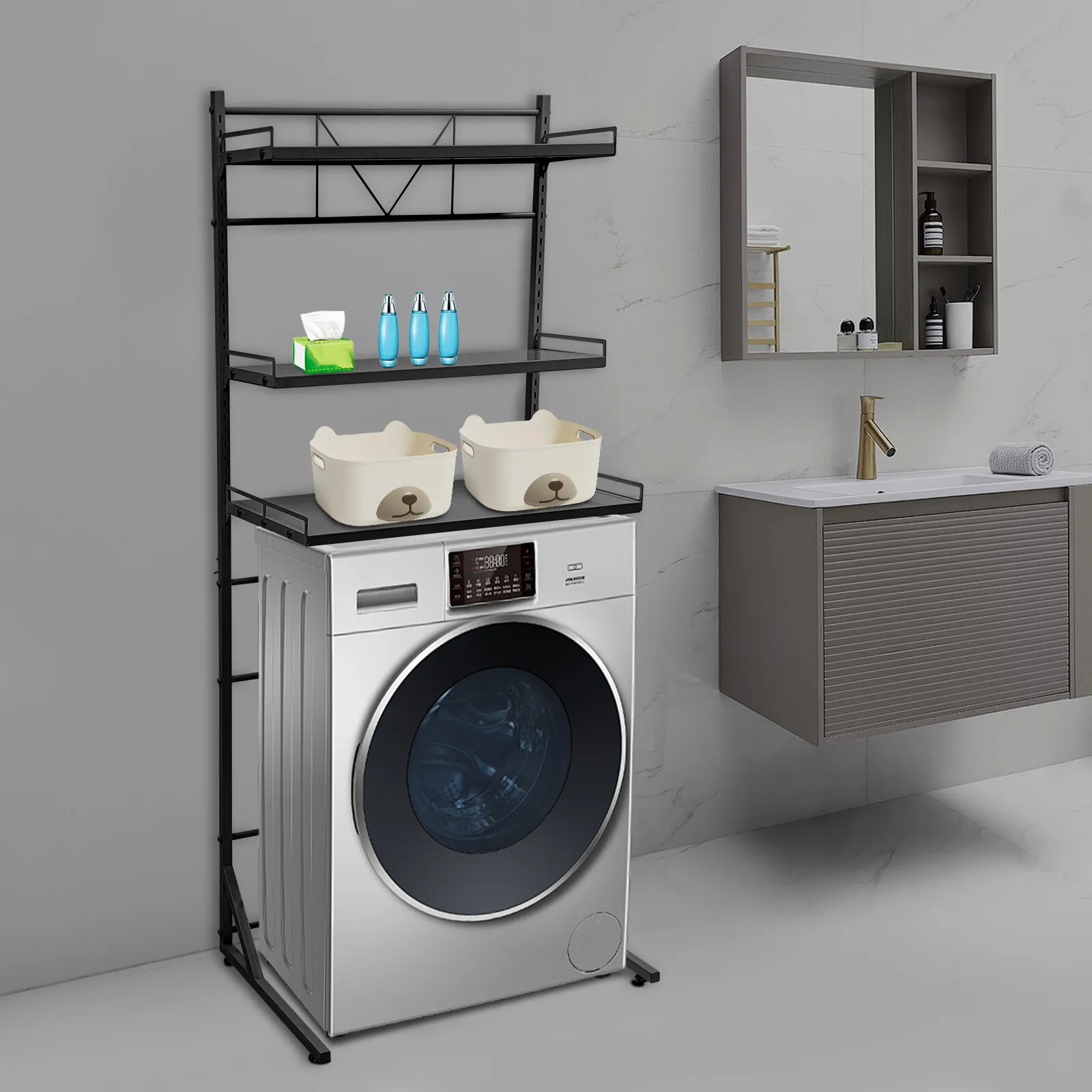 

Черная, 3-уровневая полка для стиральной машины, металлическая полка для ванной комнаты, отдельно стоящая полка для стойки, многофункциональная полка для хранения белья