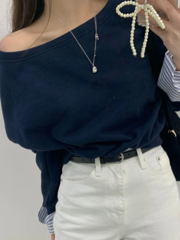 肩出し長袖トレーナー レディース ルーズフィット カジュアル シック 春 トップス ワンピース 韓国風 ショート丈 クルーネック